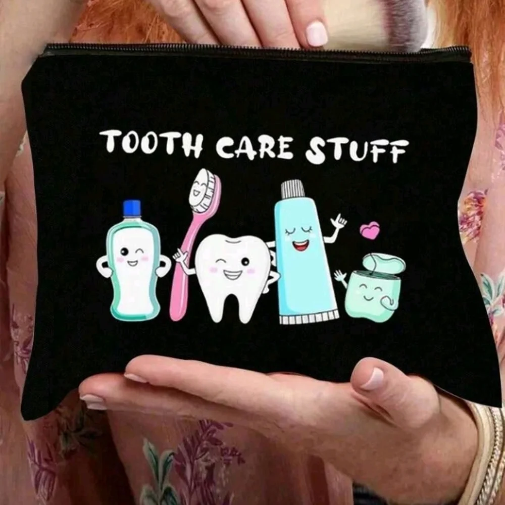 Black Tooth Care Stuff Canvas Zipper Purse Pouch Bag with Fun Teeth Graphics
